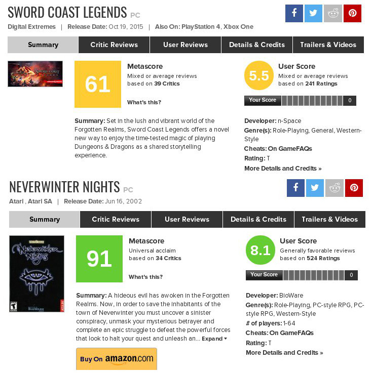 Comparing nwn1 with sword coast legends score on metacritic